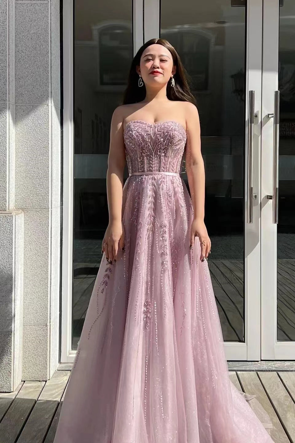 Gorgeous Pink Strapless Sweetheart Long Prom Dress With Beadings & Sequins-BallBride