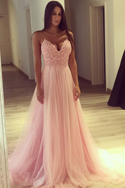Gorgeous Pink Tulle Lace Spaghetti-Straps Prom Dress-BallBride