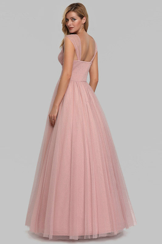 Gorgeous Pink V-Neck Tulle Evening Prom Dress-BallBride