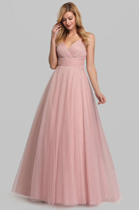 Gorgeous Pink V-Neck Tulle Evening Prom Dress-BallBride