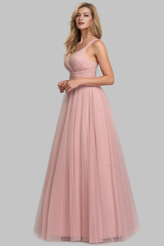 Gorgeous Pink V-Neck Tulle Evening Prom Dress-BallBride