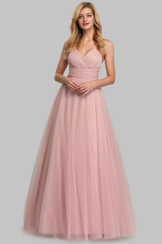 Gorgeous Pink V-Neck Tulle Evening Prom Dress-BallBride