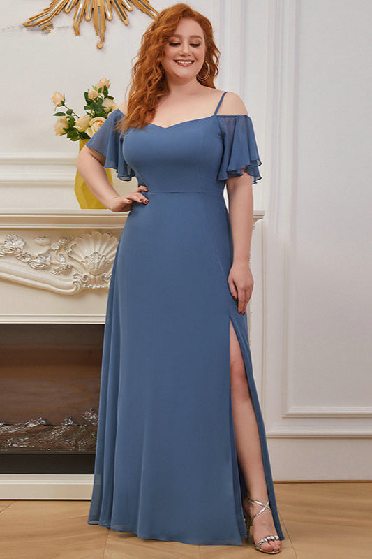 Gorgeous Plus Size Dusty Blue Chiffon Evening Dress With Ruffles-BallBride