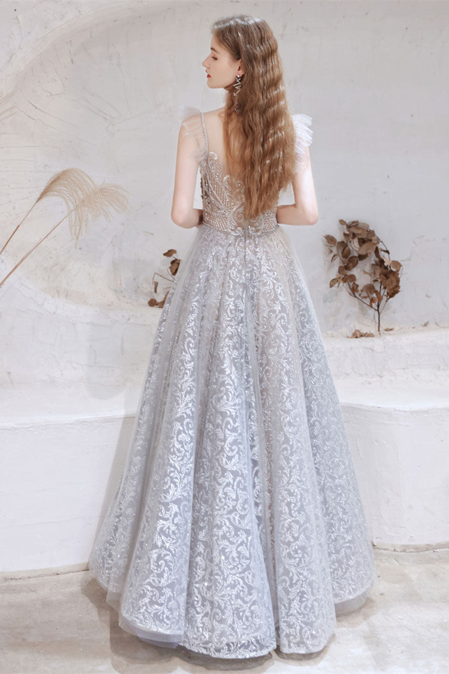 Gorgeous Princess Tulle Prom Dress with Lace Sheer Top and Beads-BallBride