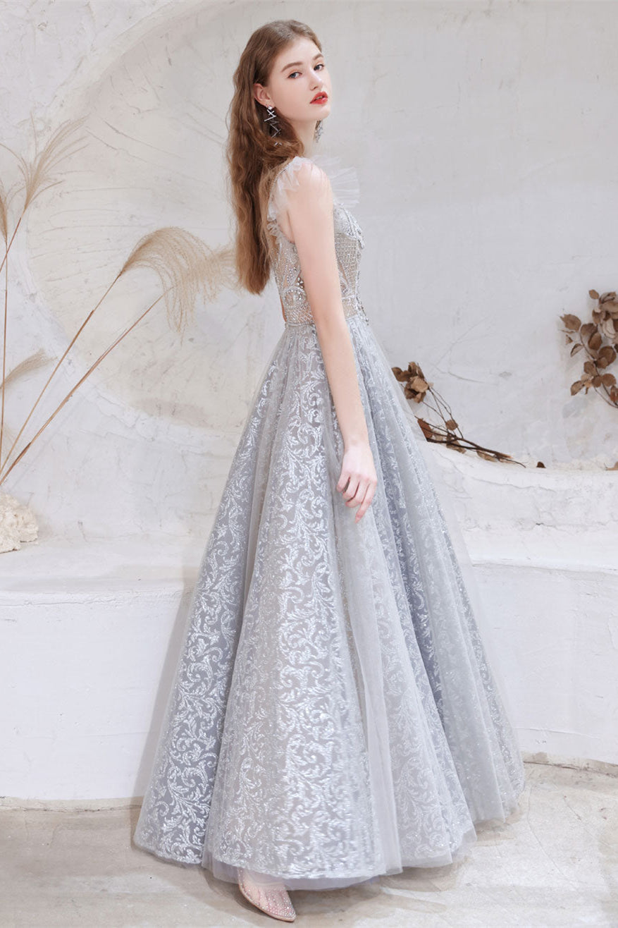 Gorgeous Princess Tulle Prom Dress with Lace Sheer Top and Beads-BallBride