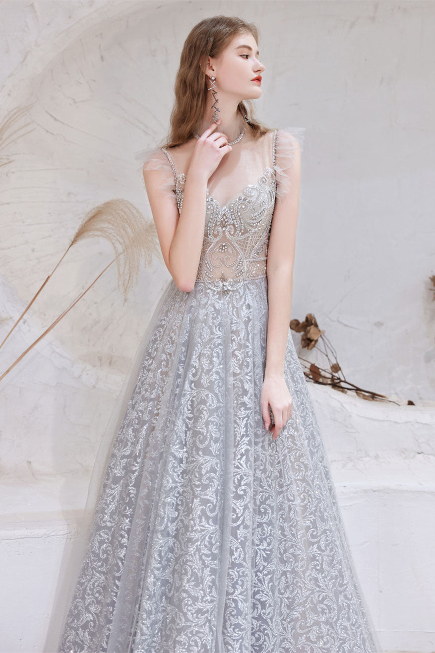 Gorgeous Princess Tulle Prom Dress with Lace Sheer Top and Beads-BallBride