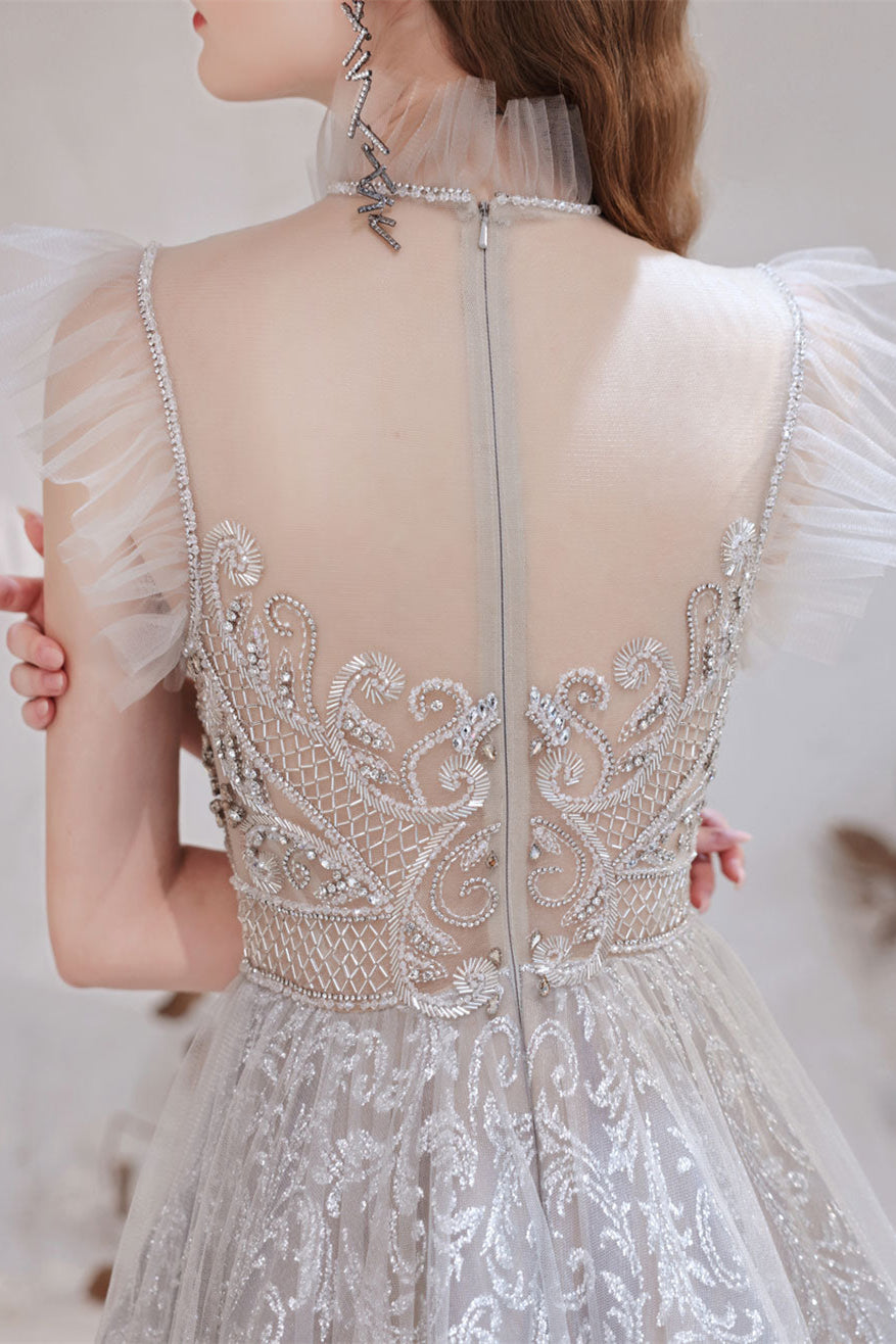 Gorgeous Princess Tulle Prom Dress with Lace Sheer Top and Beads-BallBride