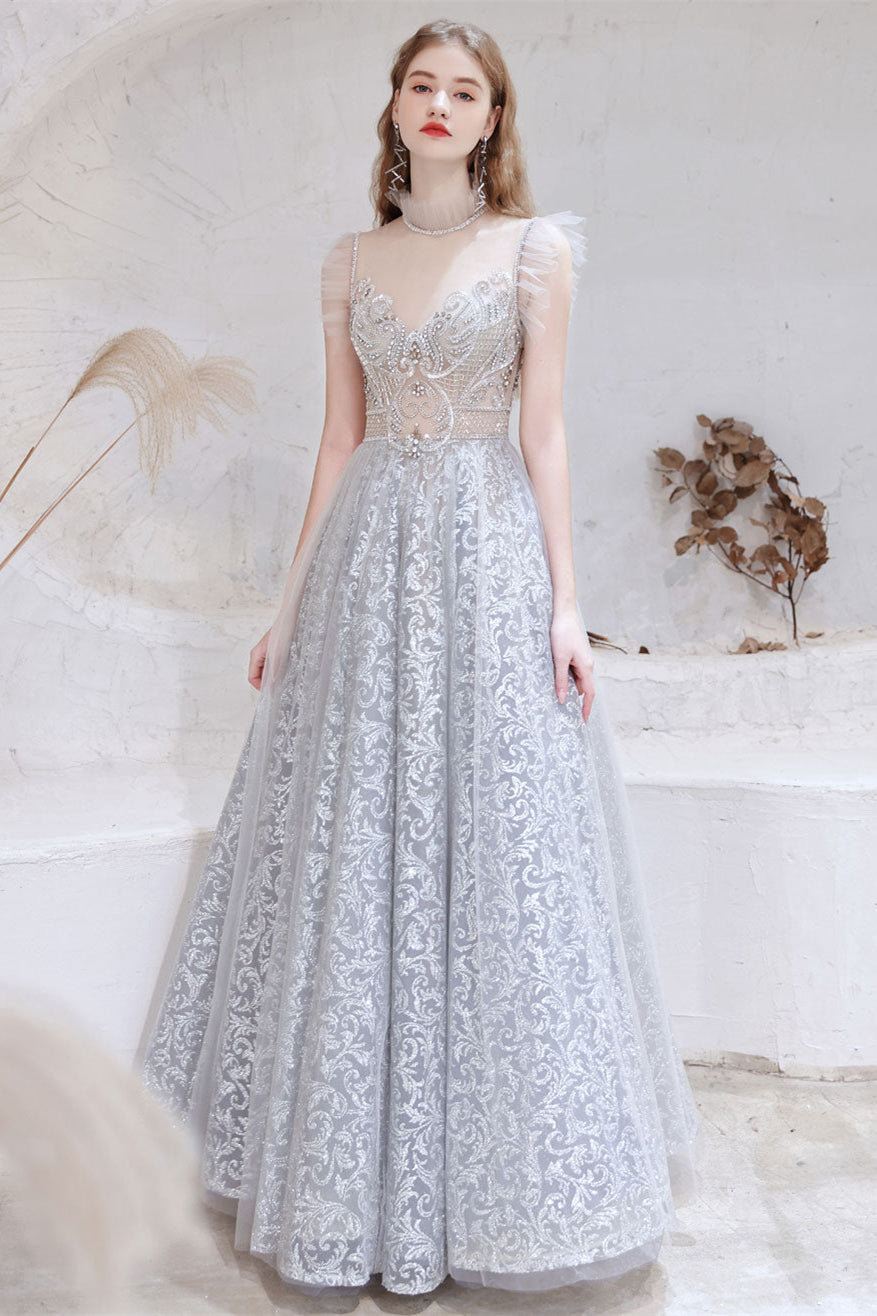 Gorgeous Princess Tulle Prom Dress with Lace Sheer Top and Beads-BallBride