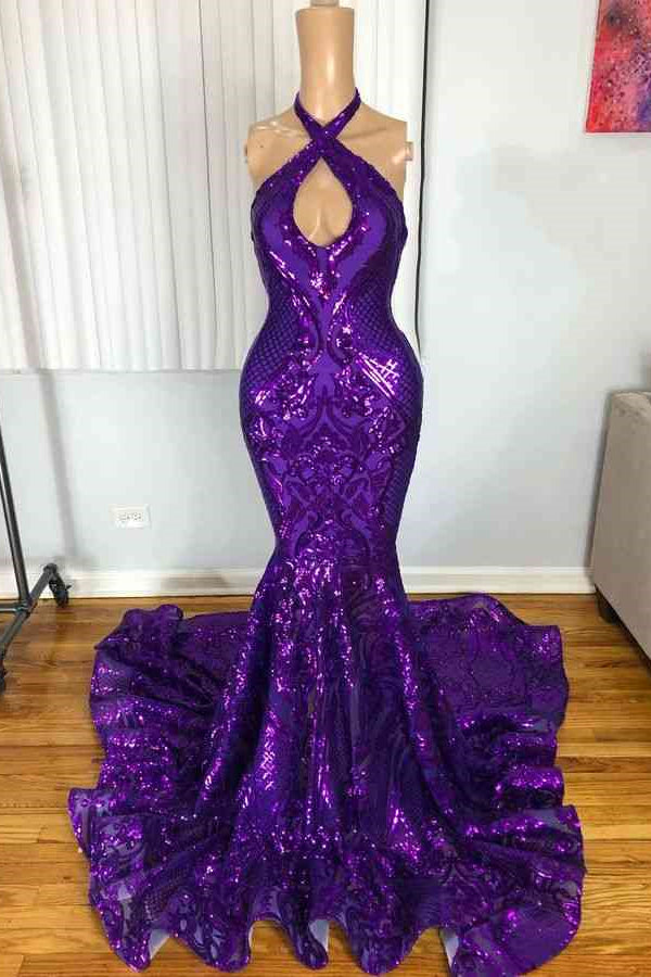 Gorgeous Purple Halter Sleeveless Mermaid Prom Dress With Sequins-BallBride
