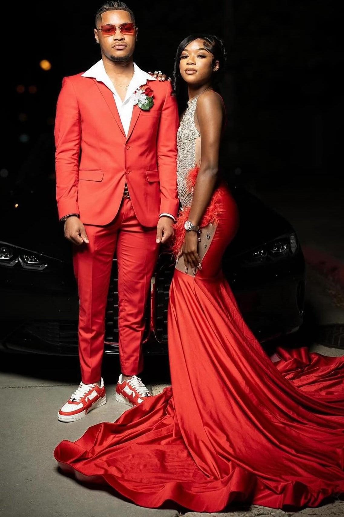 Gorgeous Red Crystal Mermaid Sleeveless Prom Dress with Fur-BallBride