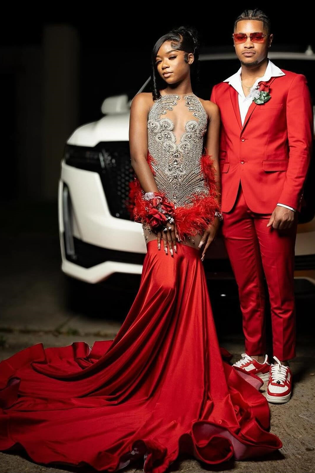 Gorgeous Red Crystal Mermaid Sleeveless Prom Dress with Fur-BallBride