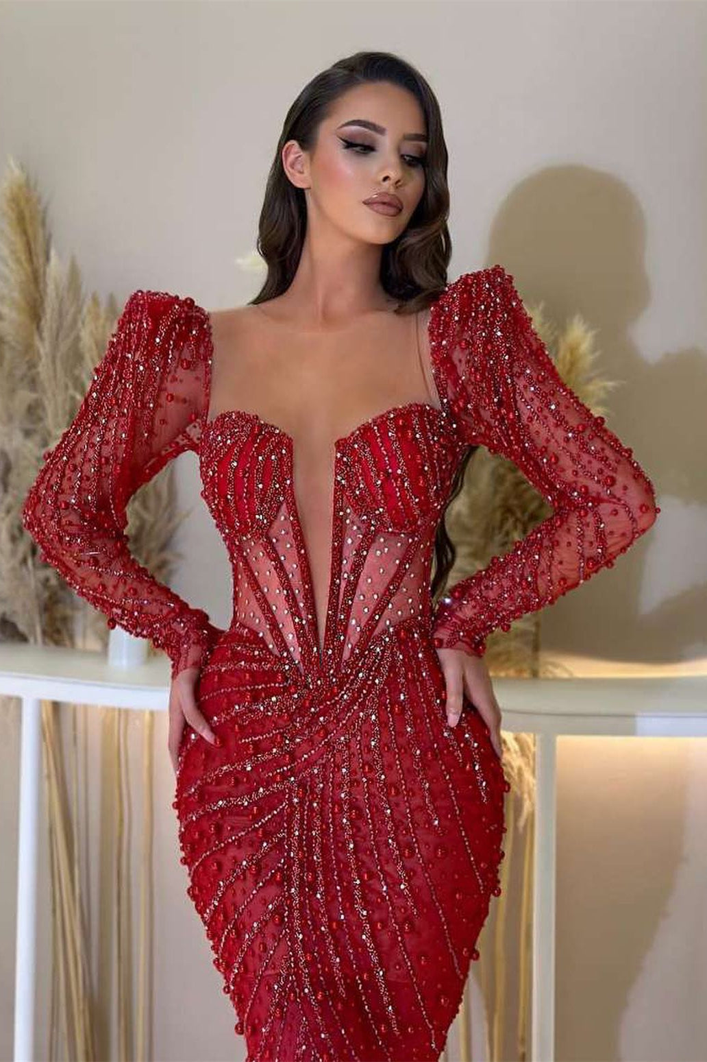 Gorgeous Red Deep V-Neck Long Sleeves Mermaid Prom Dress With Beaded Sequins-BallBride