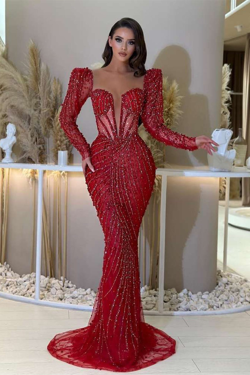 Gorgeous Red Deep V-Neck Long Sleeves Mermaid Prom Dress With Beaded Sequins-BallBride