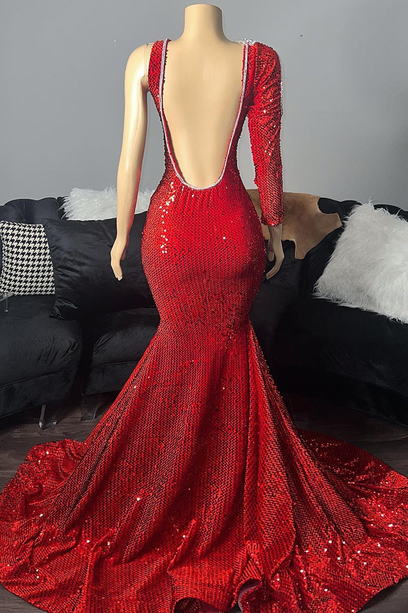 Gorgeous Red Sequins Prom Dress with Mermaid Long Sleeve and One Shoulder Beading-BallBride