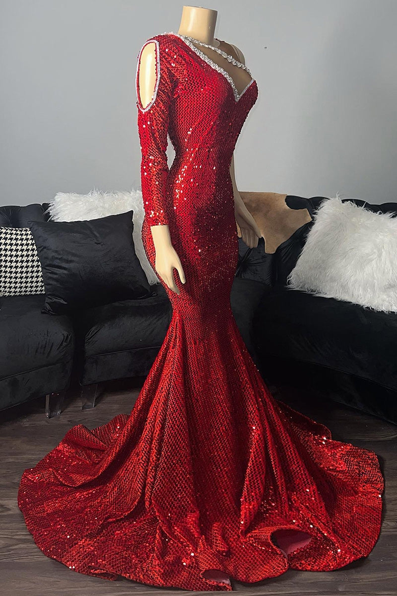 Gorgeous Red Sequins Prom Dress with Mermaid Long Sleeve and One Shoulder Beading-BallBride