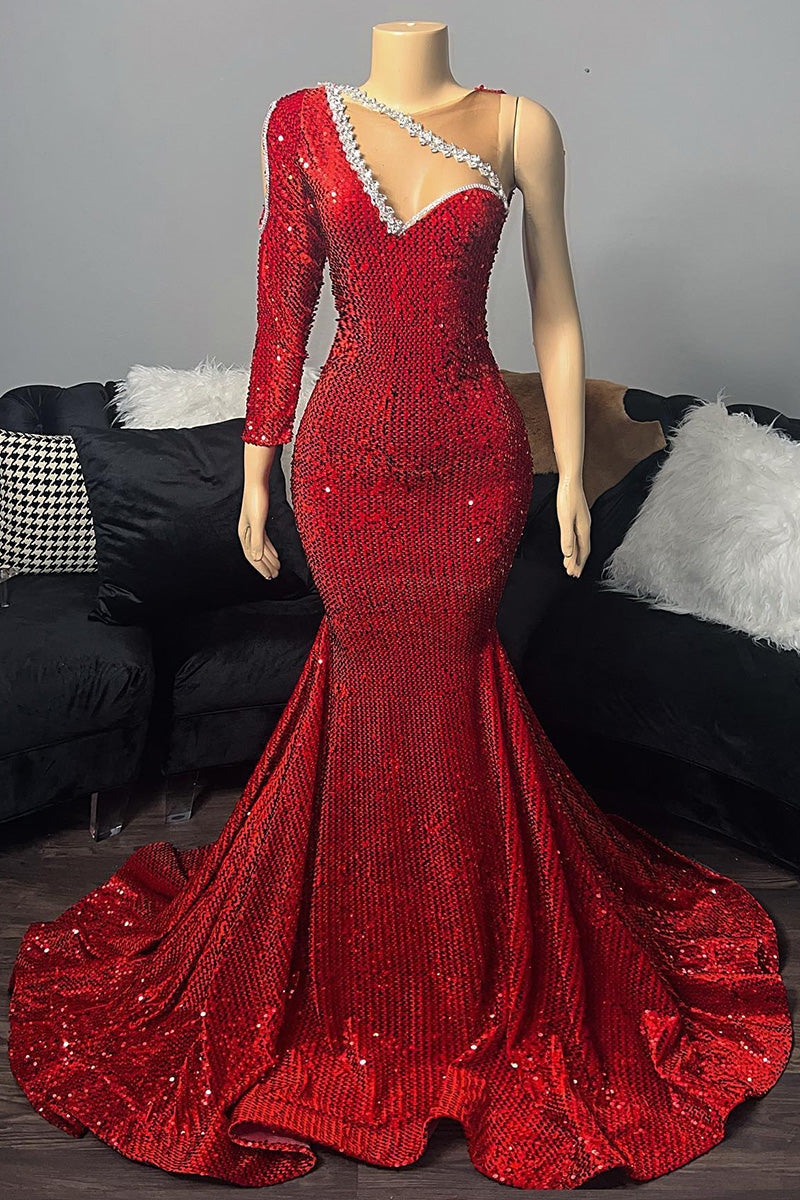 Gorgeous Red Sequins Prom Dress with Mermaid Long Sleeve and One Shoulder Beading-BallBride