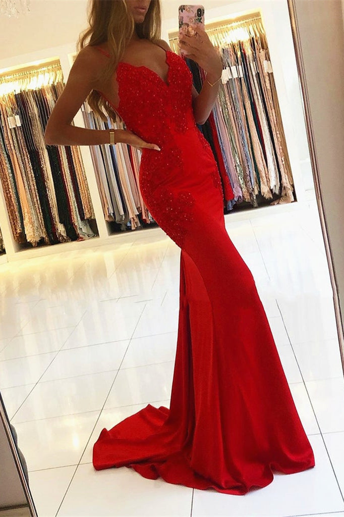 Gorgeous Red Spaghetti-Straps Mermaid Prom Dress with Appliques-BallBride