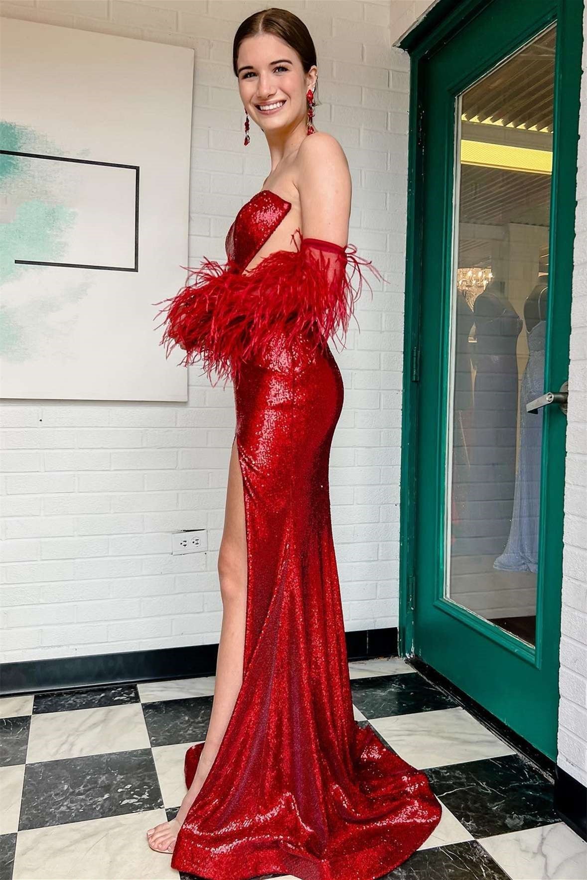 Gorgeous Red Strapless Mermaid Prom Dress With High Split Sequins-BallBride