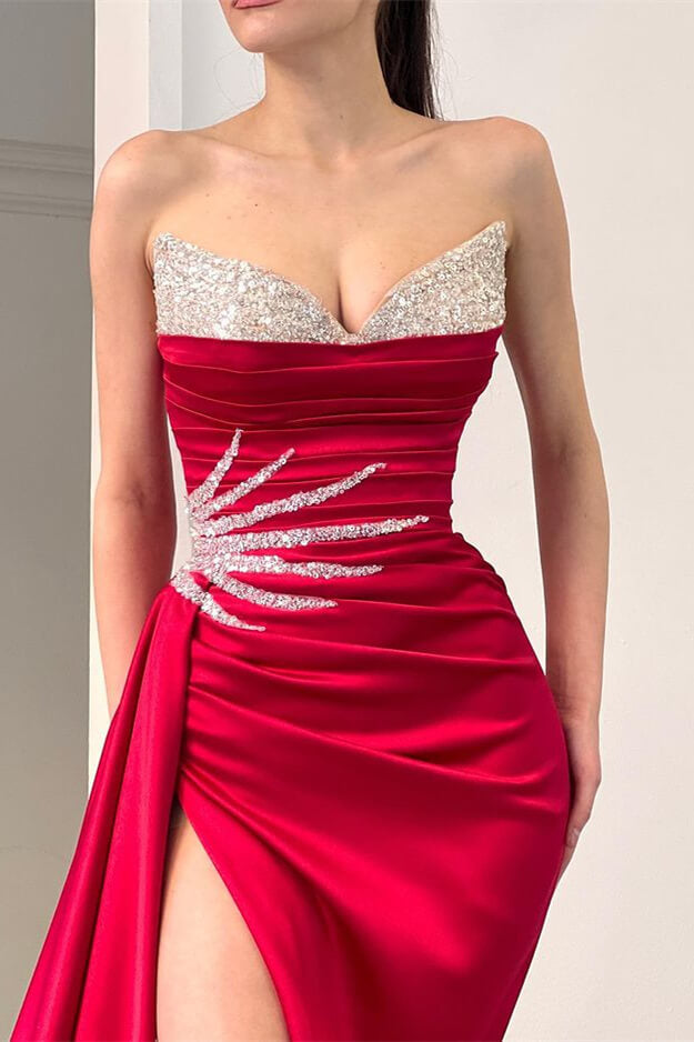 Gorgeous Red Sweetheart Mermaid Evening Dress with Split & Sequins-BallBride