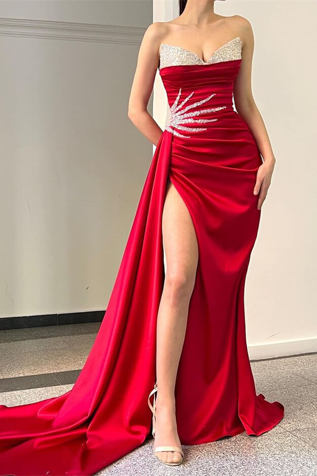 Gorgeous Red Sweetheart Mermaid Evening Dress with Split & Sequins-BallBride