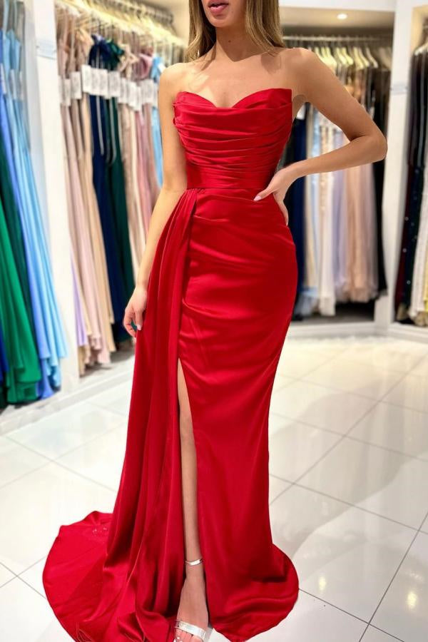 Gorgeous Red Sweetheart Mermaid Prom Dress with Pleats and Split Ruffles-BallBride