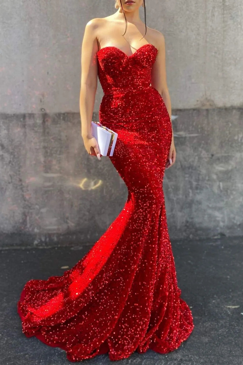 Gorgeous Red Sweetheart Sequins Evening Dress Mermaid Sleeveless-BallBride