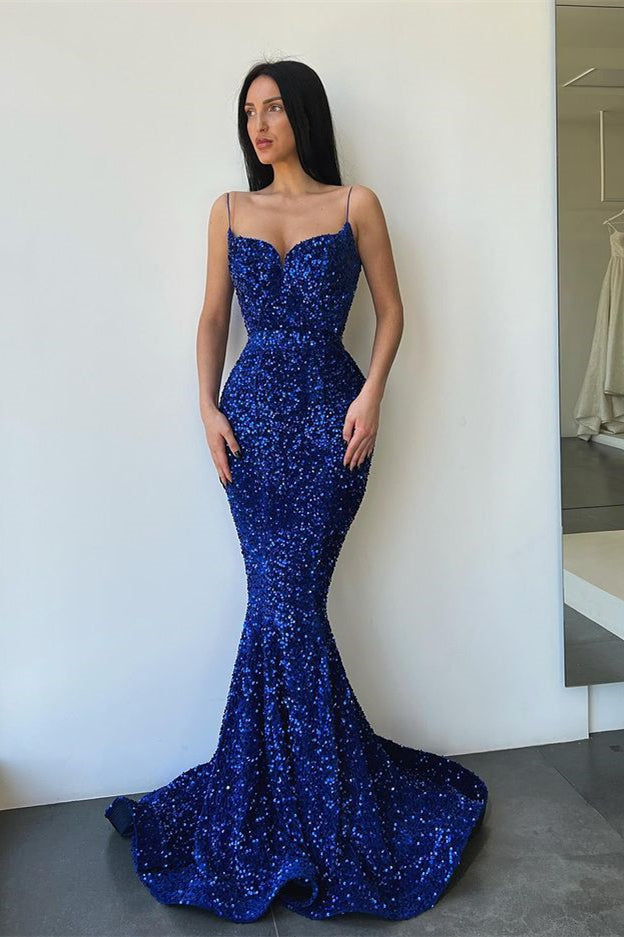 Gorgeous Royal Blue Evening Dress with Spaghetti-Straps and Sequins-BallBride
