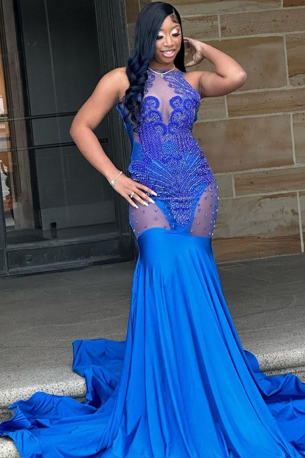 Gorgeous Royal Blue Jewel Crystal Mermaid Sleeveless Prom Dress-BallBride