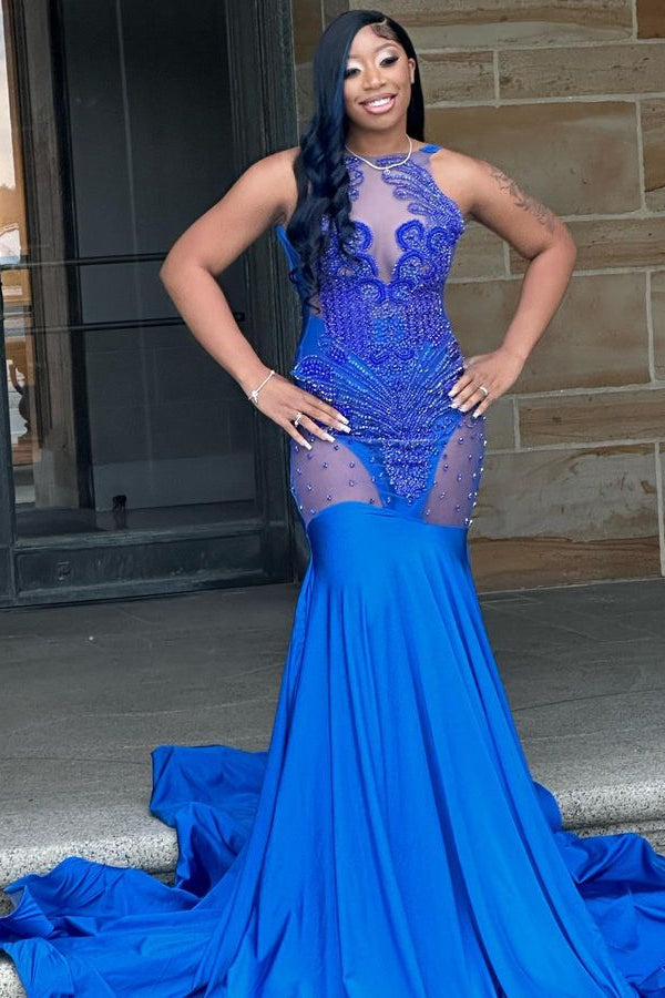 Gorgeous Royal Blue Jewel Crystal Mermaid Sleeveless Prom Dress-BallBride