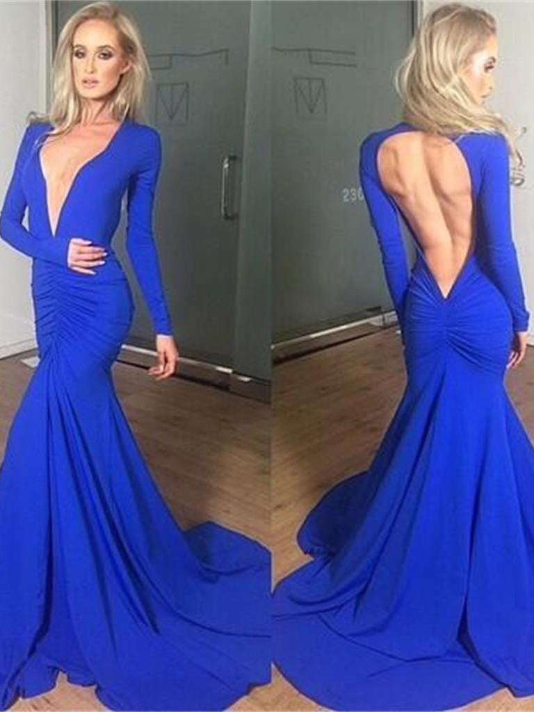 Gorgeous Royal Blue Long Sleeves Prom Dress with Mermaid Backless-BallBride