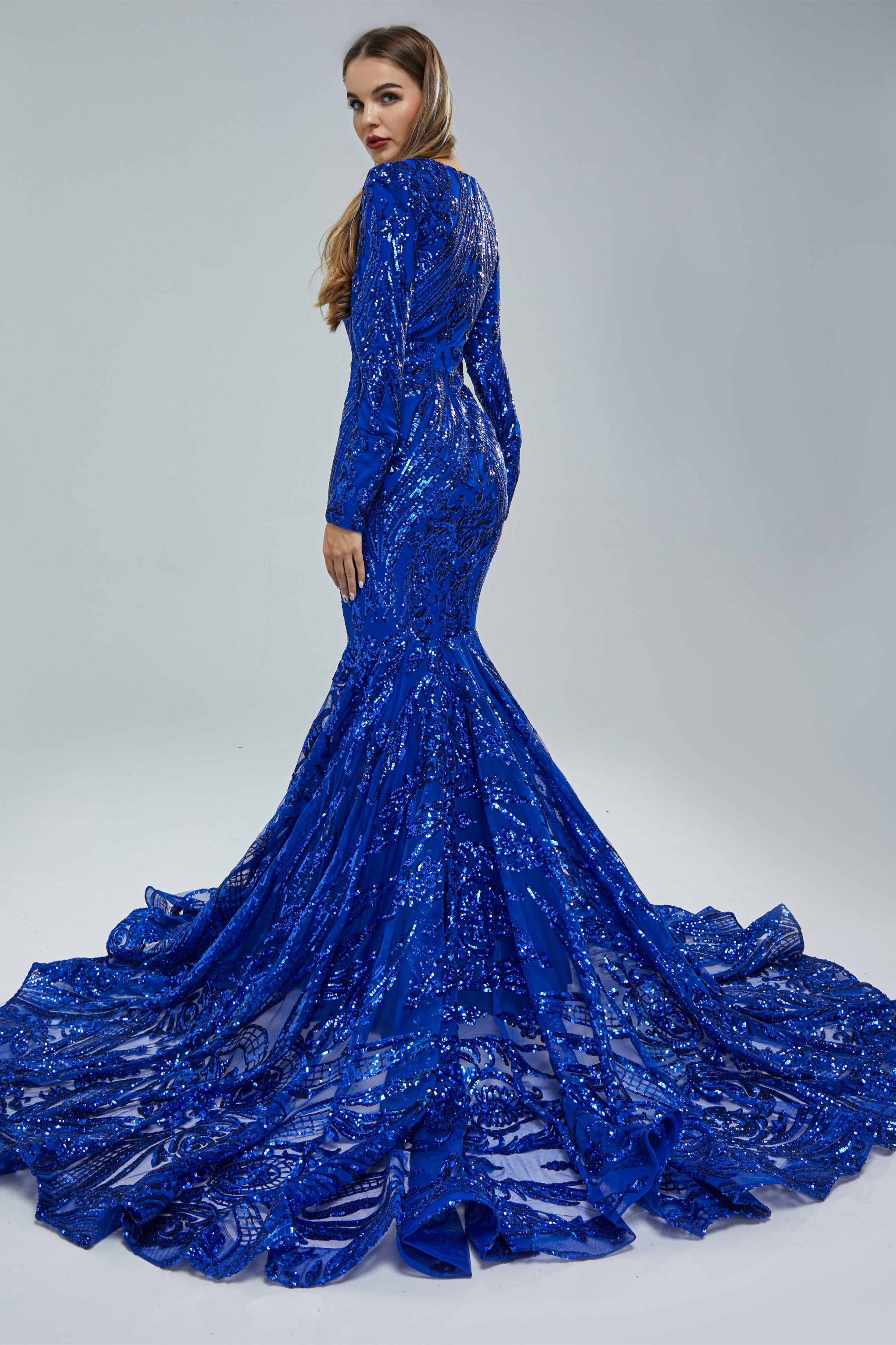 Gorgeous Royal Blue Long Sleeves Prom Dress with Mermaid Sequins Online-BallBride