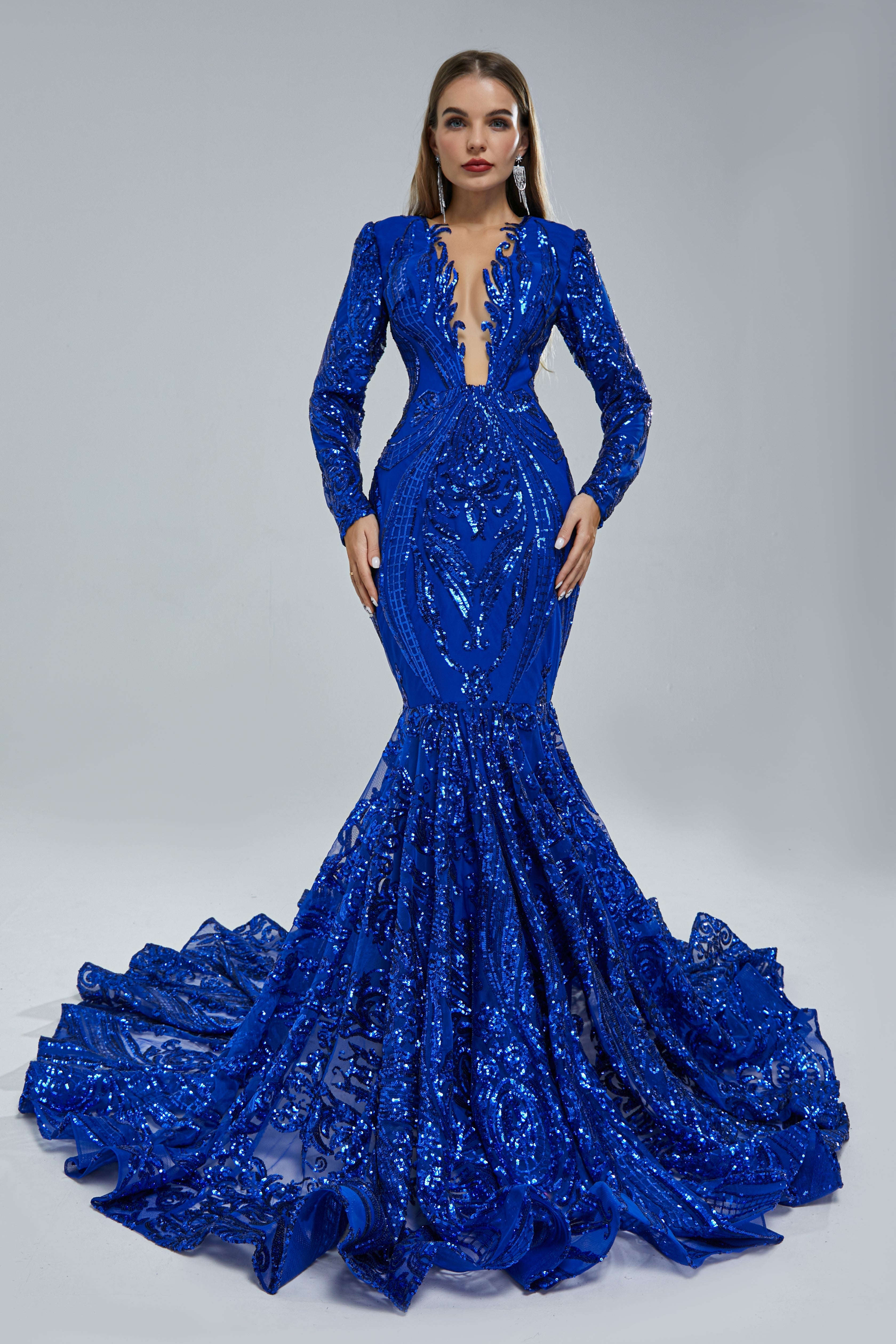 Gorgeous Royal Blue Long Sleeves Prom Dress with Mermaid Sequins Online-BallBride