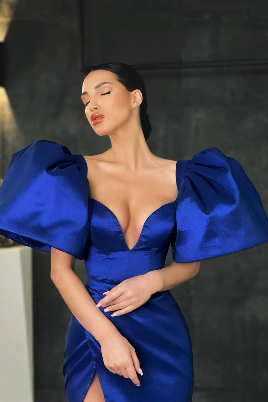 Gorgeous Royal Blue Mermaid Prom Dress with Puffy Sleeves and Slit-BallBride