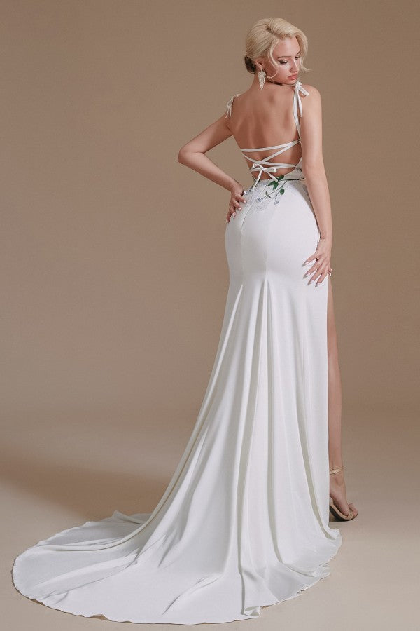 Gorgeous Satin Mermaid Wedding Dress with Open Back & Slit-BallBride