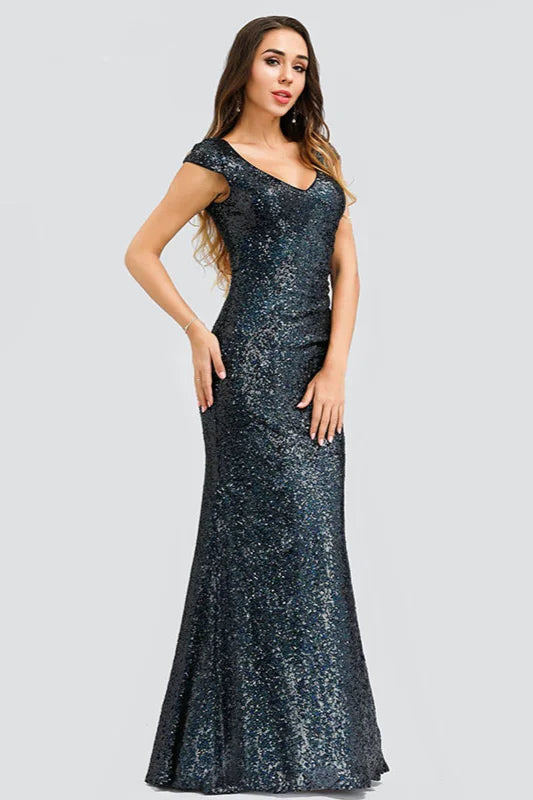 Gorgeous Sequins Cap Sleeve Prom Dresses Mermaid Long Evening Party Gowns-BallBride