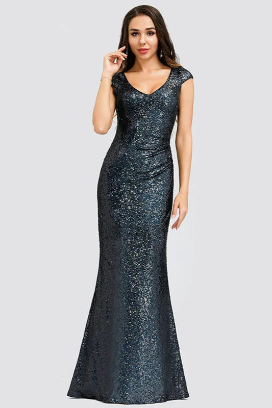 Gorgeous Sequins Cap Sleeve Prom Dresses Mermaid Long Evening Party Gowns-BallBride