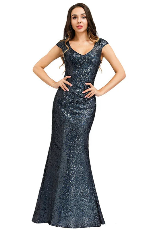Gorgeous Sequins Cap Sleeve Prom Dresses Mermaid Long Evening Party Gowns-BallBride