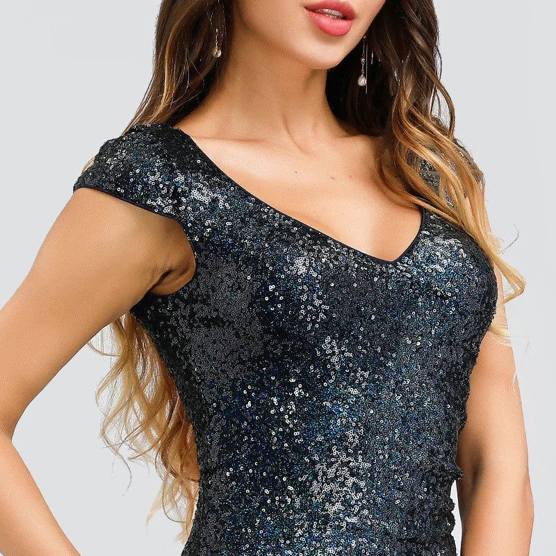 Gorgeous Sequins Cap Sleeve Prom Dresses Mermaid Long Evening Party Gowns-BallBride