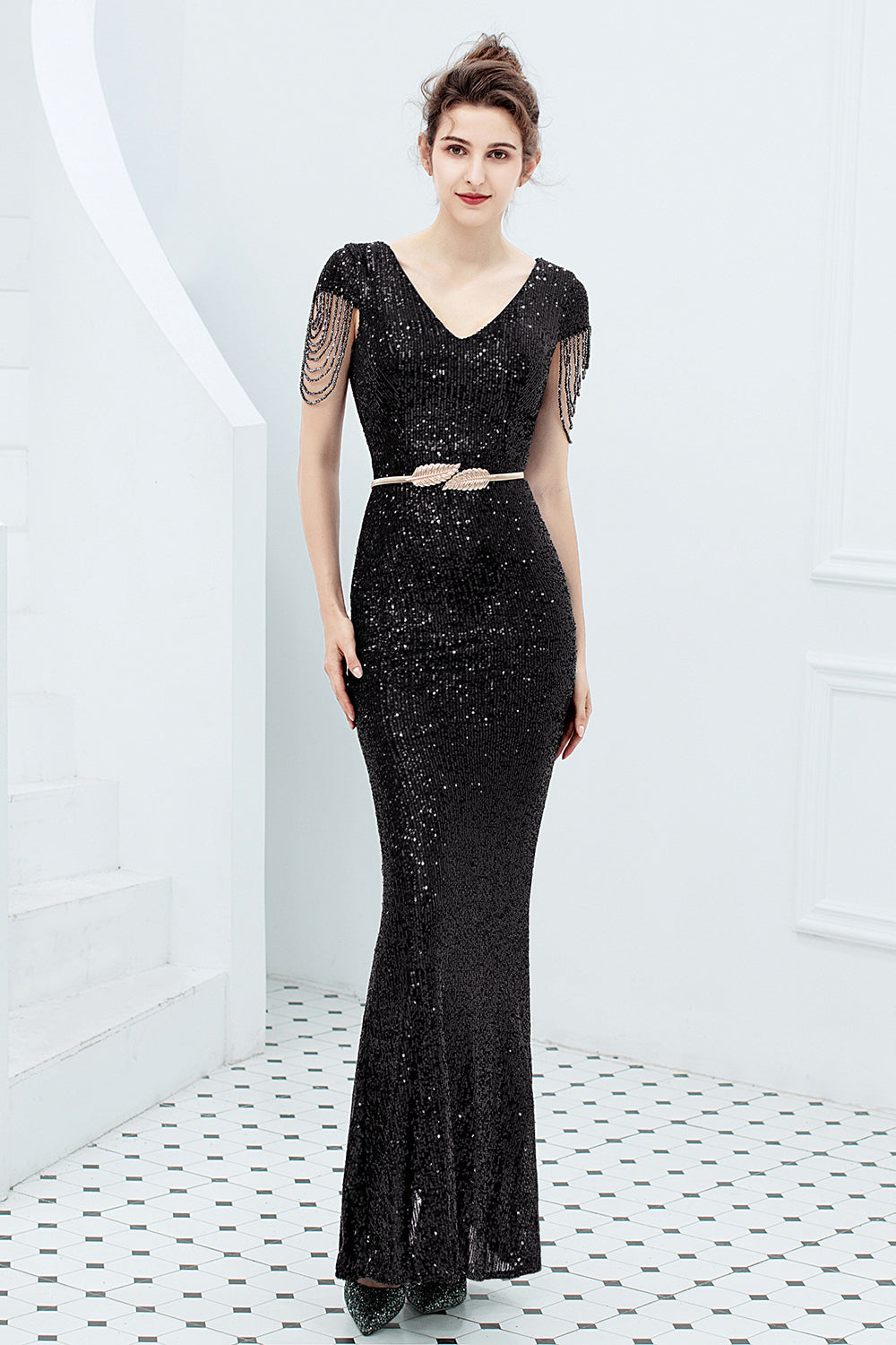 Gorgeous Sequins Prom Dress with Long Cap Sleeves and V-Neck Mermaid Party Gowns-BallBride