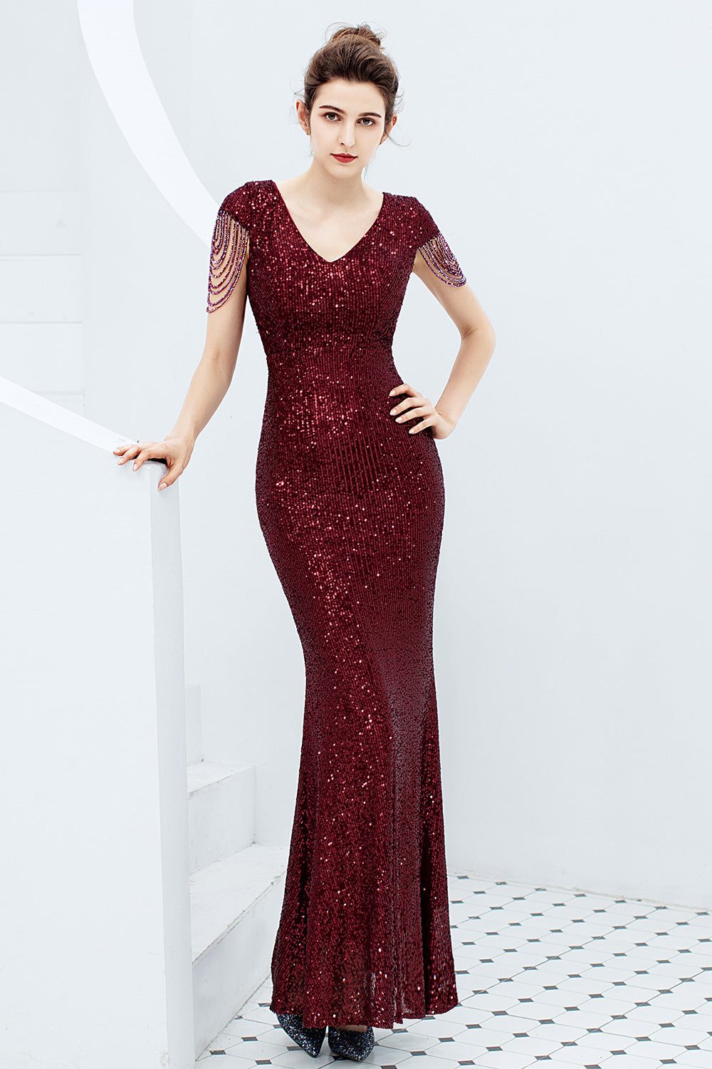 Gorgeous Sequins Prom Dress with Long Cap Sleeves and V-Neck Mermaid Party Gowns-BallBride