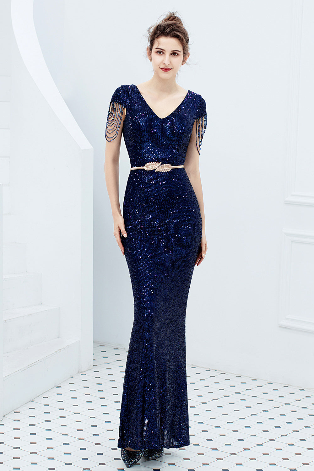 Gorgeous Sequins Prom Dress with Long Cap Sleeves and V-Neck Mermaid Party Gowns-BallBride