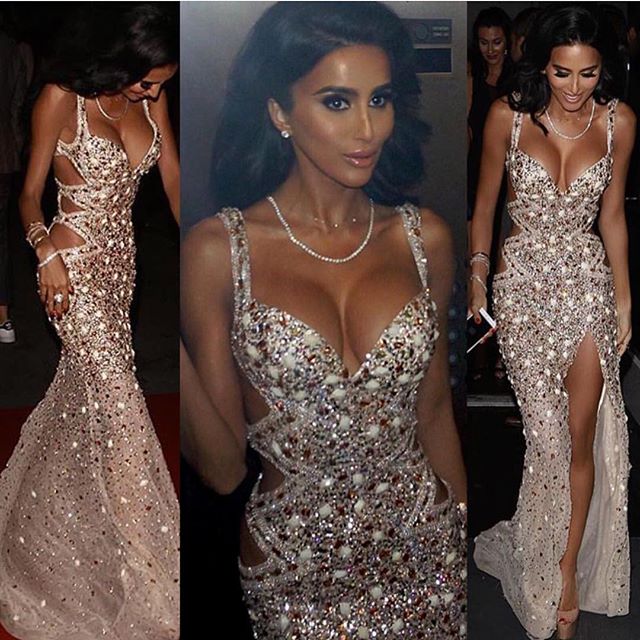 Gorgeous Sexy Straps V-Neck Side Slit Crystal Prom Dress-BallBride