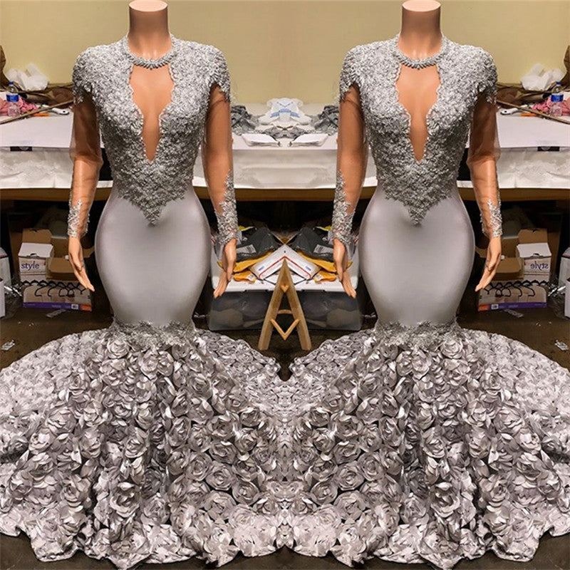 Gorgeous Silver Long Sleeves Mermaid Appliques Flowers Prom Dress-BallBride