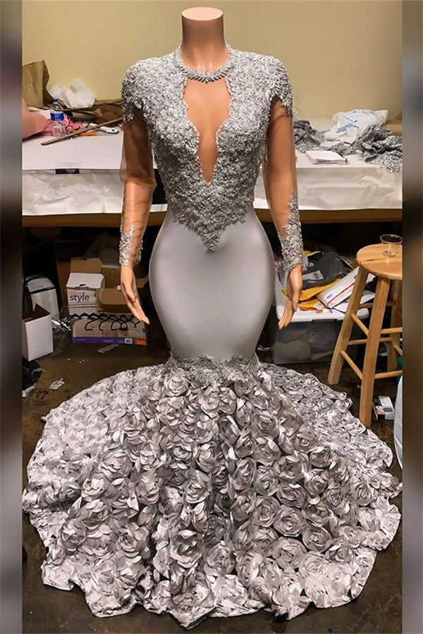 Gorgeous Silver Long Sleeves Mermaid Appliques Flowers Prom Dress-BallBride