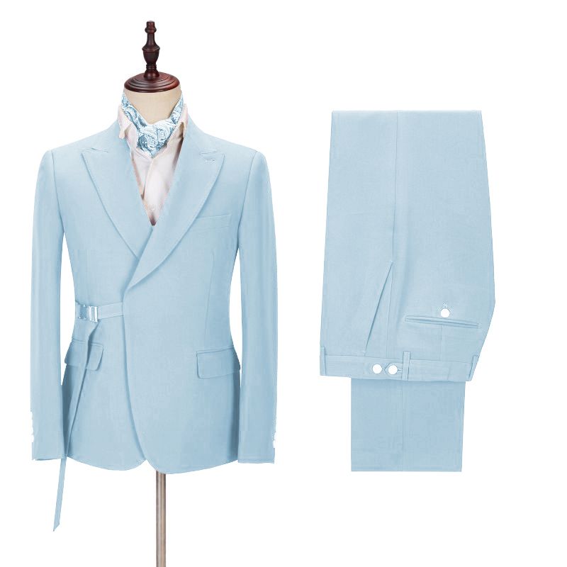 Gorgeous Sky Blue Best Wedding Suits For Men | Peaked Lapel With Adjustable Buckle-BallBride
