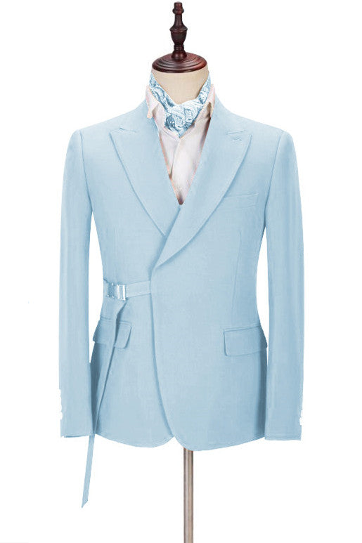 Gorgeous Sky Blue Best Wedding Suits For Men | Peaked Lapel With Adjustable Buckle-BallBride