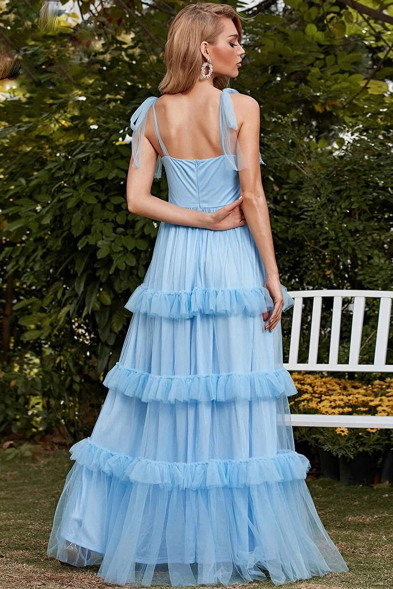 Gorgeous Sky Blue Straps Sweetheart Evening Dress Long Tulle Layered-BallBride