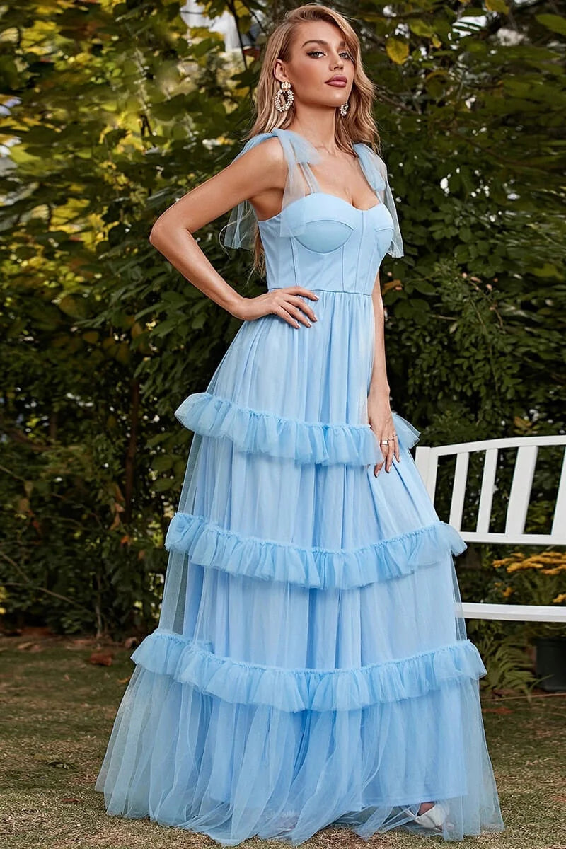 Gorgeous Sky Blue Straps Sweetheart Evening Dress Long Tulle Layered-BallBride