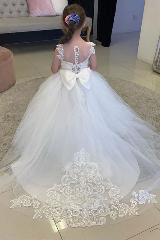 Gorgeous Sleeveless Ball Gown Boho Flower Girls Dresses with Tulle Appliques and Bow-BallBride