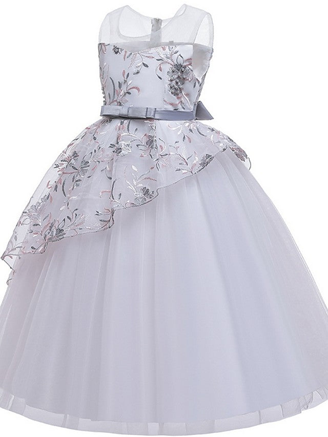 Gorgeous Sleeveless Ball Gown Flower Girl Dress with Tulle Sash Ribbon and Embroidered Bow-BallBride